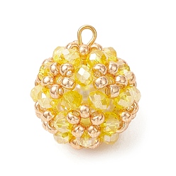 Желтый Подвески из гальванического стекла, круглых рокайль и стеклянных бусин-жемчужин, круглые, желтые, 23.5x21 мм, отверстие : 2 мм