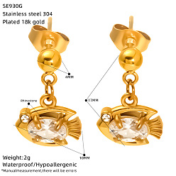 Fish Ocean 304 Stainless Steel Pave Clear Cubic Zirconia Stud Dangle Earrings for Women, Golden, Fish, 17mm