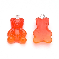 Orange Red Gradient Color Opaque Resin Pendants, with Glitter Powder and Platinum Tone Iron Peg Bails, Bear, Orange Red, 23.5x15x6.5mm, Hole: 1.8mm