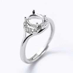 Platinum Anti-Tarnish Rhodium Plated 925 Sterling Silver Finger Ring Components, with Cubic Zirconia, Adjustable, Oval, Platinum, Size 8 (18mm), 2mm wide, Tray: 6x7mm