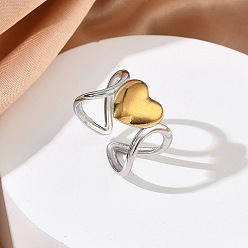 Сердце 304 открытые кольца-манжеты из нержавеющей стали для женщин, золотые и нержавеющая сталь цвет, сердце, 13.5 мм, внутренний диаметр: 17 мм
