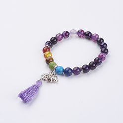 Flieder Chakra-Schmuck, Baumwollfaden Troddel Charme Armbänder, mit natürlichen und synthetischen Edelstein und Zinklegierung Lotusblüte Perlen, Flieder, 2 Zoll (50 mm)
