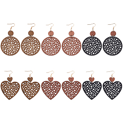 (52) Непрозрачная лаванда 6 пары 6 стили деревянные серьги-подвески с железными штифтами, полое сердце и плоское круглое, разноцветные, 83~89x49.5~51.5 мм, 1 пара / стиль