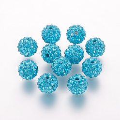 Circón Azul Abalorios de rhinestone de arcilla polímero, Grado A, rondo, bolas de discoteca, circón azul, 8x7.5 mm, agujero: 1 mm
