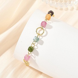 Tourmaline Natural Multicolor Tourmaline Faceted Cube Beaded Brass Chain Bracelets for Women, Golden, 7.32 inch(18.6cm)