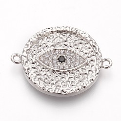 Платина Латунные коннекторы, с кубического циркония, без свинца, без кадмии и без никеля, плоские круглые с сглаза, прозрачные, платина, 20x26x2 мм, отверстие : 1.4 мм