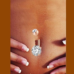 Clear Piercing Jewelry, Brass Cubic Zirconia Navel Ring, Belly Rings, with 304 Stainless Steel Bar, Lead Free & Cadmium Free, Flat Round, Rose Gold, Clear, 21x8mm, Bar: 15 Gauge(1.5mm), Bar Length: 3/8"(10mm)