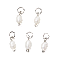 Нержавеющая Сталь Цвет Подвески из натурального пресноводного жемчуга, Рисовые подвески с латунной и нержавеющей стальной фурнитурой, белые, цвет нержавеющей стали, 304 мм, Перейти кольцо: 9~10x4 мм, внутренний диаметр: 4.5x1 мм