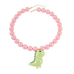 Light Green Resin Dinosaur Pendant Pink Round Beaded Necklaces for Women, Golden, Light Green, 17.72 inch(45cm)