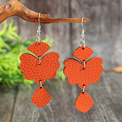 Orange Red Zinc Alloy & Imitation Leather Dangle Earrings, Flower, Orange Red, 84x35mm