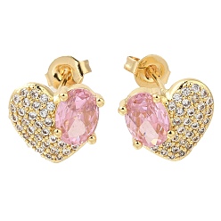 Настоящее золото 16K Серьги-гвоздики из латуни с паве из кубического циркония, сердце, слева и справа, реальный 16 k позолоченный, 12x10 мм