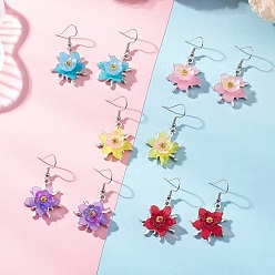 (52) Непрозрачная лаванда Серьги-подвески из цветочного сплава, с акриловыми и стеклянными крючками для сережек 304 из нержавеющей стали, платина, разноцветные, 44x24 мм