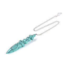 Synthetic Turquoise Synthetic Turquoise Dowsing Pendulum Pointed Pendants, with Iron Chain & Glass, Bullet Charms, Silver Color Plated, 259~265mm, Hole: 2mm
