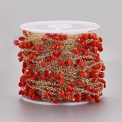 Red Handmade Glass Beaded Chains, Soldered, with Spool, Brass Chain, Long-Lasting Plated, Golden, Red, 4x2mm, about 32.8 Feet(10m)/roll