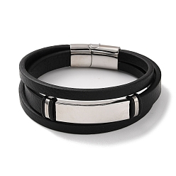 Stainless Steel Color Men's Braided Black PU Leather Cord Multi-Strand Bracelets, Rectangle 304 Stainless Steel Link Bracelets with Magnetic Clasps, Stainless Steel Color, 8-1/2 inch(21.7cm)