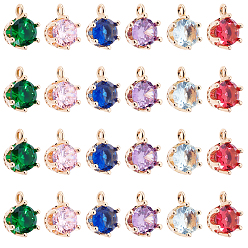 Gemischte Farbe 24Stk. 6 Farben transparente Glasanhänger, mit Messing-Zubehör, facettiert, Krone, Gemischte Farbe, 8.5x6x5 mm, Bohrung: 1 mm, 4 Stk. je Farbe
