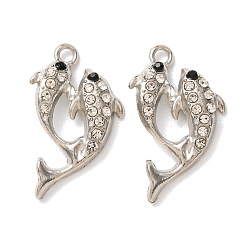 Platinum Alloy Rhinestone Pendants, Fish Charms, Platinum, 24.5~25x15x3.5mm, Hole: 2mm