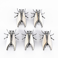 Бежевый Булавка для броши из натуральной белой ракушки в форме цикады, сплав с отворотом со стразами для рюкзака, без свинца и без кадмия, античное серебро, бежевые, 41x27x15~17 мм, отверстие : 5x3 мм, штифты : 0.7 мм