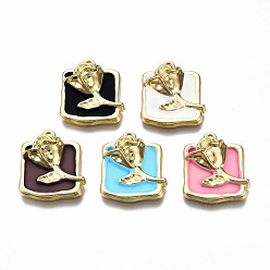 Mixed Color Rack Plating Alloy Enamel Pendants, Cadmium Free & Lead Free, Light Gold, Rectangle with Rose, Mixed Color, 21.5x19x6mm, Hole: 1.6mm