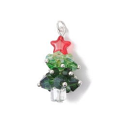 Серебро Латунь стекло кулоны, Рождественские елки, граненые, с 304 кольцами из нержавеющей стали, серебряные, 30.5x16~17.5 мм, отверстие : 3 мм