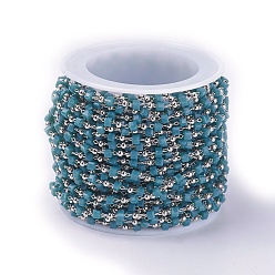 чирок Ручной цепи стекло бисером, пайки, с латунной фурнитурой , с катушкой, долговечный, Реальная платина, кубические, зелено-синие, 2.3~2.8x2.3~2.8x2.3~2.8 мм, 2 мм, около 32.8 футов (10 м) / рулон