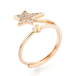 Настоящее золото 18K Регулируемые оправы колец в форме звезды из латуни с микропаве из прозрачного кубического циркония, за половину пробурено бисера, без кадмия, без никеля и без свинца, реальный 18 k позолоченный, штифты : 0.9 мм, 12.2 мм, внутренний диаметр: 16.5~17.8 мм