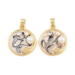 Black Brass Enamel Pendants, with ABS Plastic Imitation Pearl, Flat Round Charms, Real 18K Gold Plated, Black, 21.5x18.5x6.5mm, Hole: 4x3mm