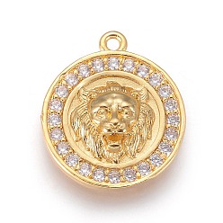 Golden Brass Micro Pave Cubic Zirconia Pendants, Long-Lasting Plated, Flat Round with Lion Head, Clear, Golden, 18x16x4mm, Hole: 1.2mm