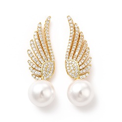 Настоящее золото 18K Серьги-гвоздики из латуни с микропаве из кубического циркония, серьга с подвеской в виде крыла с пластиковой бусиной для женщин, долговечный, без свинца и без кадмия, реальный 18 k позолоченный, 43 мм, штифты : 1 мм