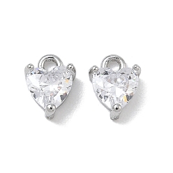 Platine Breloques en laiton zircon cubique transparent, charmes de coeur, charmes de pierre unique, platine, 7.5x6x3mm, Trou: 1.2mm