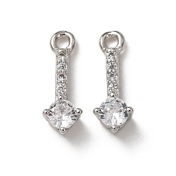 Platinum Brass Micro Pave Clear Cubic Zirconia Charms, Long-Lasting Plated, Rack Plating, Stick Charms, Platinum, 12x4x3.5mm, Hole: 1.2mm