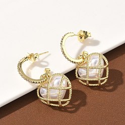 Настоящее золото 18K Серьги-гвоздики с цирконом из латуни, с абс пластмассовыми шариками, без кадмия и без свинца, долговечный, стойки покрытие, реальный 18 k позолоченный, 32x17.5 мм