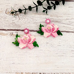 Цветок Подвесные серьги-гвоздики из акрила и пластика с жемчугом и стразами, цветок, 55x63 мм