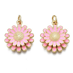 Pink Латунь эмаль подвески, без никеля , реальный 16 k позолоченный, с прыжковых колец, хризантема, розовые, 18.5x16x4 мм, Перейти кольцо: 5x1 мм, внутренний диаметр: 3 мм