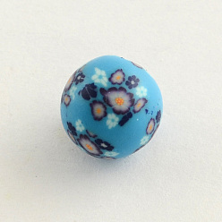 Темно-Голубой Ручной Цветочный узор полимерной глины бусы, круглые, глубокое синее небо, 9~10 мм, отверстие : 1~2 мм