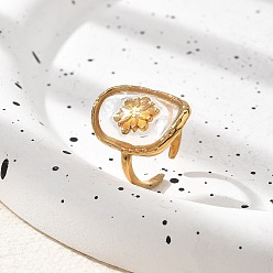 Rectangle Полимерные пальцевые кольца, 304 открытые манжеты из нержавеющей стали для женщин, реальный 18 k позолоченный, прямоугольные, Прямоугольник: 23x16.5 мм, регулируемый