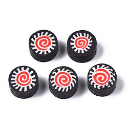 Schwarz Manuell Polymer Ton Perlen, für DIY Schmuck Bastelbedarf, flach rund mit Sonne, Schwarz, 9.5x4.5~5 mm, Bohrung: 1.6 mm