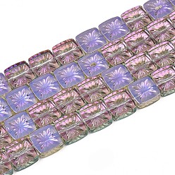 Лиловый Гальванизируйте прозрачное стекло бисер нитей, квадратные с цветком, с половиным покрытием, сирень, 11x11x4 мм, отверстие : 1 мм, около 59~61 шт / нитка, 25.59~26.38 дюйм (65~67 см)