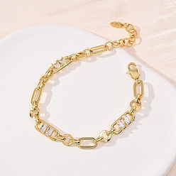 Белый Браслет-цепочка из латуни в виде кольца и скрепки с микропаве из кубического циркония для женщин., реальный 18 k позолоченный, без кадмия и без свинца, стойки покрытие, долговечный, белые, 6.89 дюйм (17.5 см)