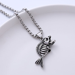 Нержавеющая Сталь Цвет Винтажный панк 304 ожерелья из нержавеющей стали с подвеской в виде скелета рыбы для уличной хип-хоп одежды, цвет нержавеющей стали