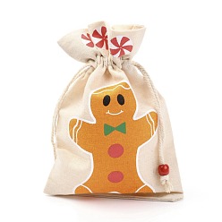 Gingerbread Man Сумка из хлопчатобумажной ткани с рождественской тематикой, шнурок сумки, для рождественской вечеринки закуски подарочные украшения, пряничный человечек, 22x15 см