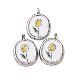 Нержавеющая Сталь Цвет 304 нержавеющей стальной эмали подвески, овал с цветочной подвеской, цвет нержавеющей стали, 23x16.5x4 мм, отверстие : 2.5 мм