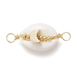 Луна Подвески-соединители в форме ракушки из натуральной медной проволоки в форме ракушки каури, с латунной бисера, золотые, луна, 30.5~33.5x13~14.5x9.5~12 мм, отверстие : 3.5 мм