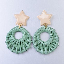 Dark Sea Green Handmade Spray Painted Reed Cane/Rattan Woven Dangle Stud Earrings, with Alloy Enamel Earring Findings and Steel Pins, Plastic Ear Nuts, Flat Round, Golden, Dark Sea Green, 65~69mm, Pin: 0.8mm