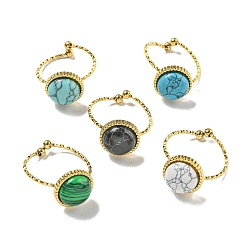 Настоящее золото 18K Ионное покрытие (ip) 304 открытые манжеты из нержавеющей стали, Кольца на круглые пальцы с синтетическим малахитом и бирюзой для женщин и мужчин, реальный 18 k позолоченный, регулируемый