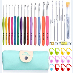 Cyan DIY Knitting Tool Sets, including Aluminum Crochet Hooks Needles, Random Color Plastic Locking Stitch Marker, Tape Measure, Needle, Storage Bag, Cyan, Crochet Hooks Needles: 150mm, 14pcs/set