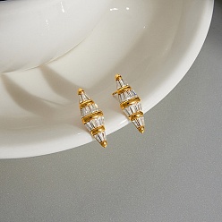Real 18K Gold Plated 304 Stainless Steel Rhinestone Stud Earrings for Women, Rhombus, Real 18K Gold Plated, 21.5x7.5mm