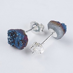 Blue Plated Brass Ear Stud Components, with Natural Druzy Agate, Nuggets, Silver Color Plated, Blue Plated, 6~9x5~8.5x3~7mm, Pin: 0.7mm