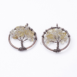 Цитрин Природные подвески цитрин, с латунной фурнитурой , Красная медь, плоские круглые с дерева жизни, 29x5~7 мм, отверстие : 4.5 мм