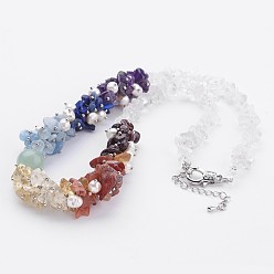 Colorful Mixed Gemstone Chakra Necklaces, with Grade A Pearl Beads, Alloy Lobster Clasp and Brass End Piece End with Extender Chains, Platinum, Colorful, 18.5 inch(47cm)